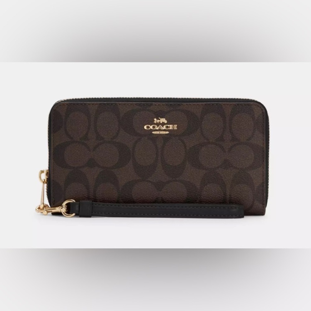 Coach - NEW - Long Zip Around Wallet In Signature Canvas. Gold/Brown Black